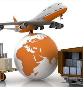 A globe, a plane, a truck, and a warehouse stacker in the same frame to signify international shipping