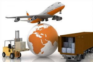 A globe, a plane, a truck, and a warehouse stacker in the same frame to signify international shipping