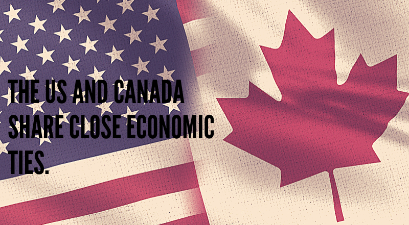 The Canadian and US flags in one image, overlapping. The text reads "The US and Canada share close economic ties."