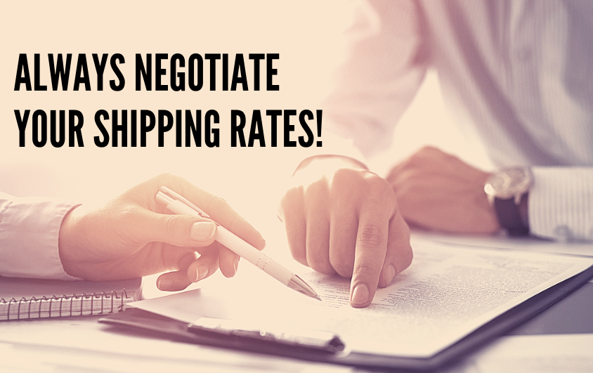 Two people negotiating a shipping contract. The text on the screen reads "Always negotiate your shipping rates!"