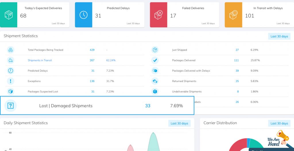 LateShipment.com dashboard showing lost packages