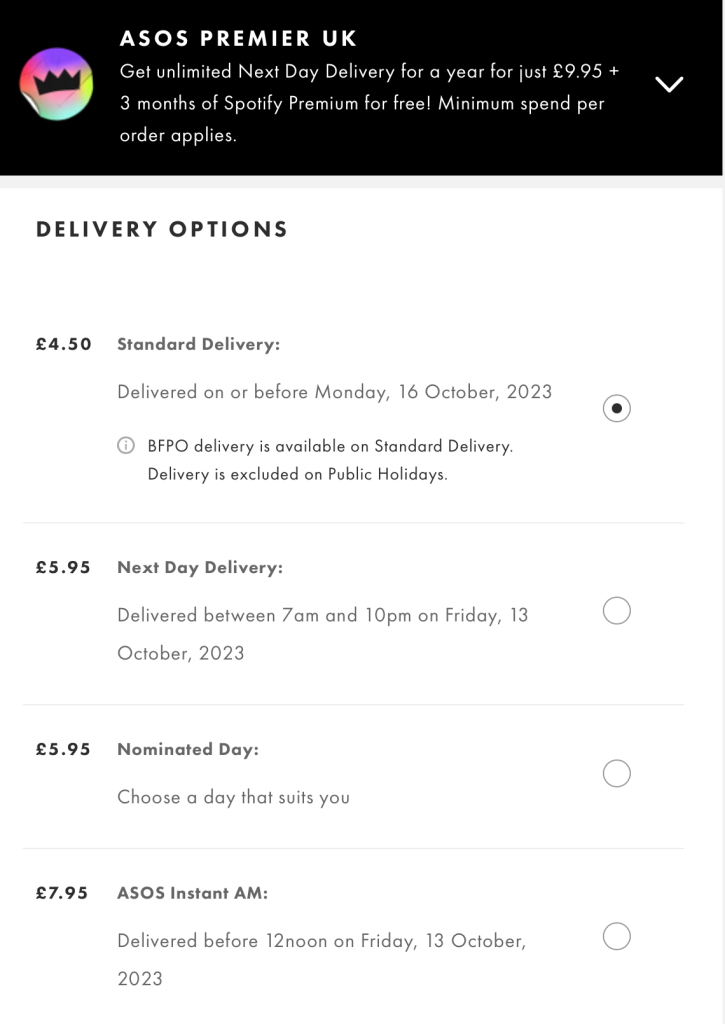 Various Delivery options from ASOS