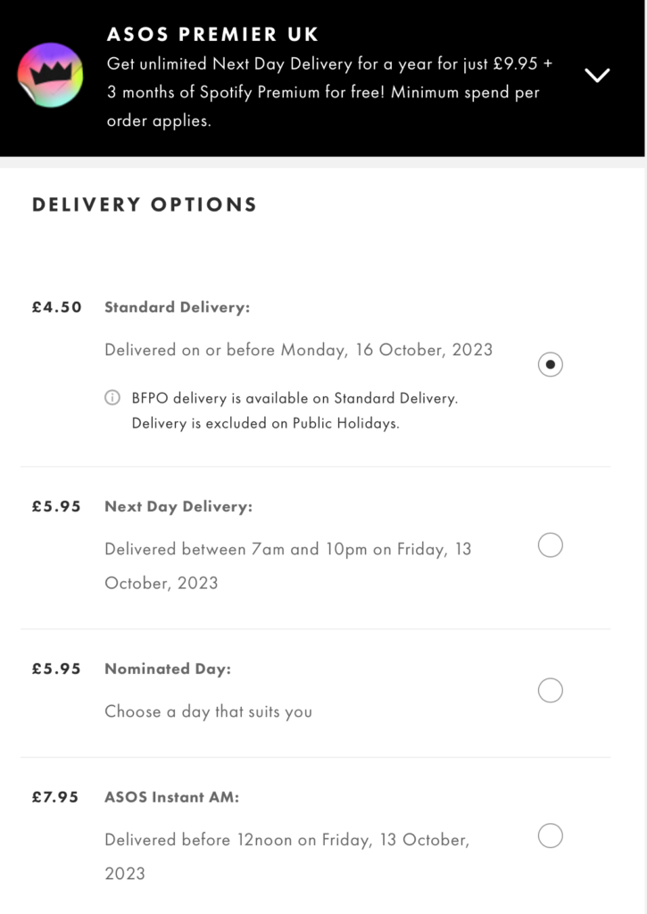 Various Delivery options from ASOS